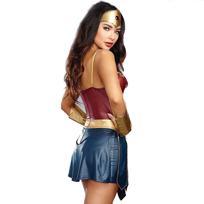Wonder Woman cosplay costume featuring a sleek design with gold accents and a blue skirt