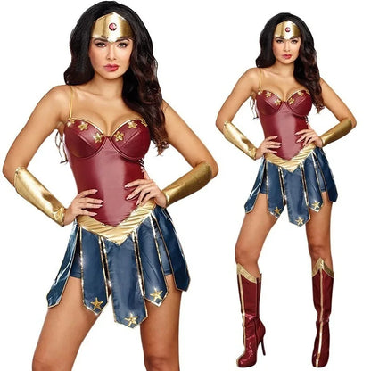 Wonder Woman cosplay costume featuring a red and blue dress with gold accessories and knee-high boots