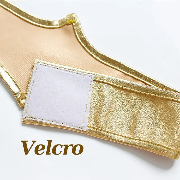 Close-up of Velcro attachment on Wonder Woman cosplay costume in gold fabric