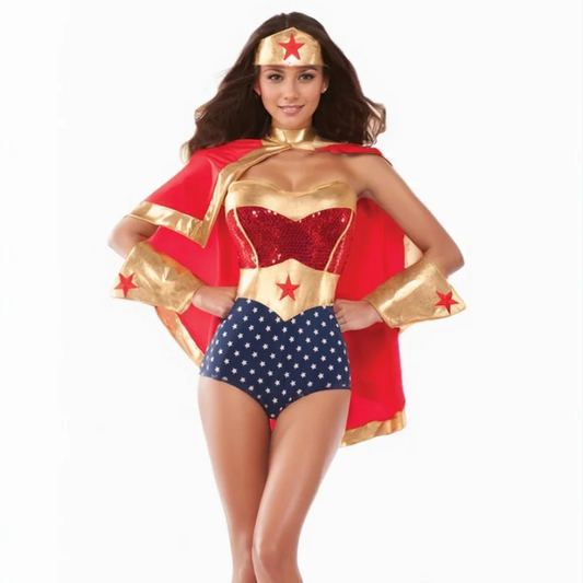 EtherealBe Wonder Woman cosplay costume with sparkling bodice and flowing cape for costume parties