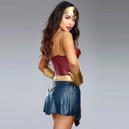 Wonder Woman cosplay costume featuring a stylish dress with gold accents and accessories