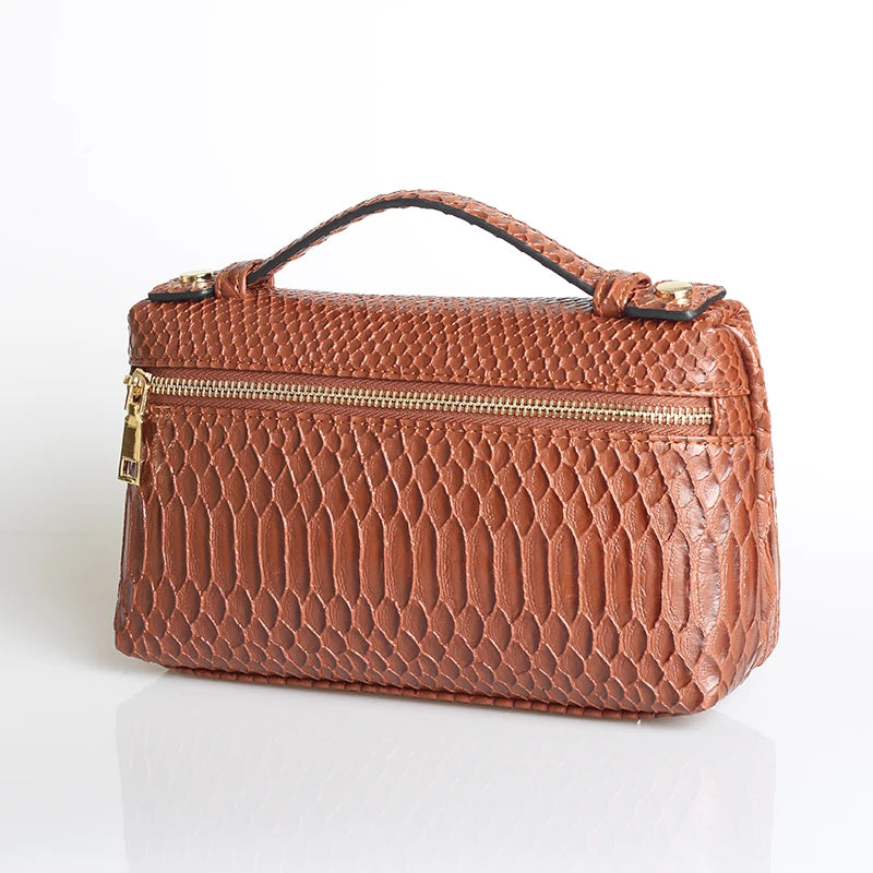 EtherealBe luxurious faux crocodile makeup bag in brown with gold zipper details and convenient handle