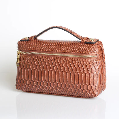 EtherealBe luxurious faux crocodile makeup bag in brown with gold zipper details and convenient handle