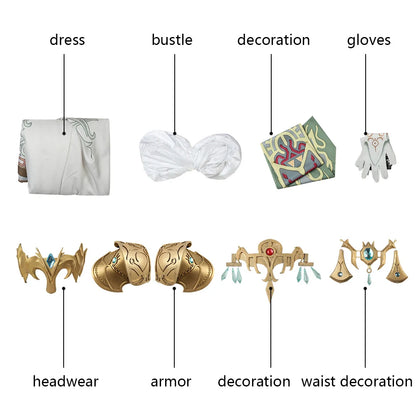 Zelda Twilight Princess cosplay costume components including dress, gloves, armor, and decorative pieces