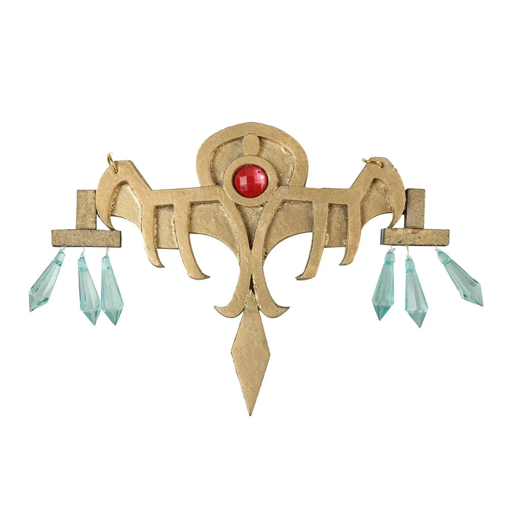 Zelda Twilight Princess cosplay costume accessory with gold design and red gem, featuring hanging crystals