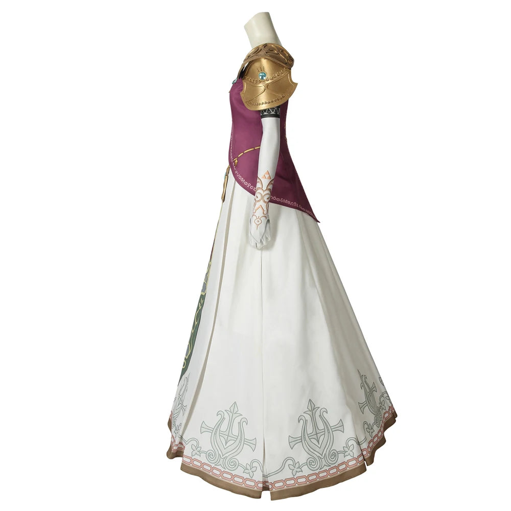 Elegant Zelda Twilight Princess cosplay costume featuring detailed armor and flowing skirt