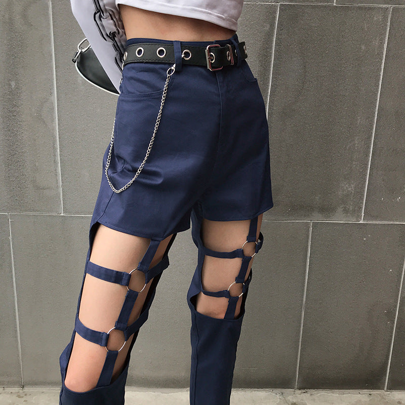 Spring sexy hollow hollow leg straight overalls women Europe and America retro loose high waist handsome casual pants