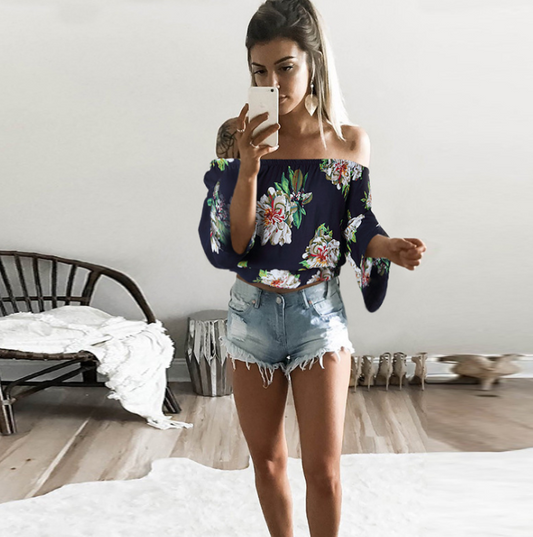 Flora Print Chiffon Off Shoulder Blouse