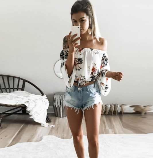Flora Print Chiffon Off Shoulder Blouse