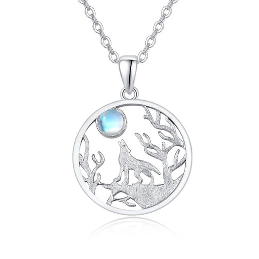 Wolf Necklace 925 Sterling Silver Forest Moon Wolf Necklace for Women Charm Animals Jewelry Gift