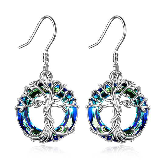 Tree of Life Earrings Sterling Silver Dangle Drop Earrings with Blue Circle Crystal Fashion Jewelry