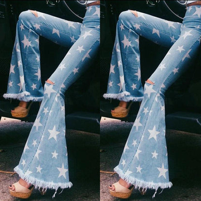 Women's Star Print Ripped Jeans Fringed Flared Pants