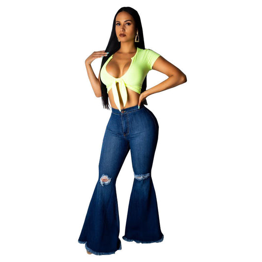 European And American Fashion All-match Wide-legged Knee Hole Raw Edge Trousers
