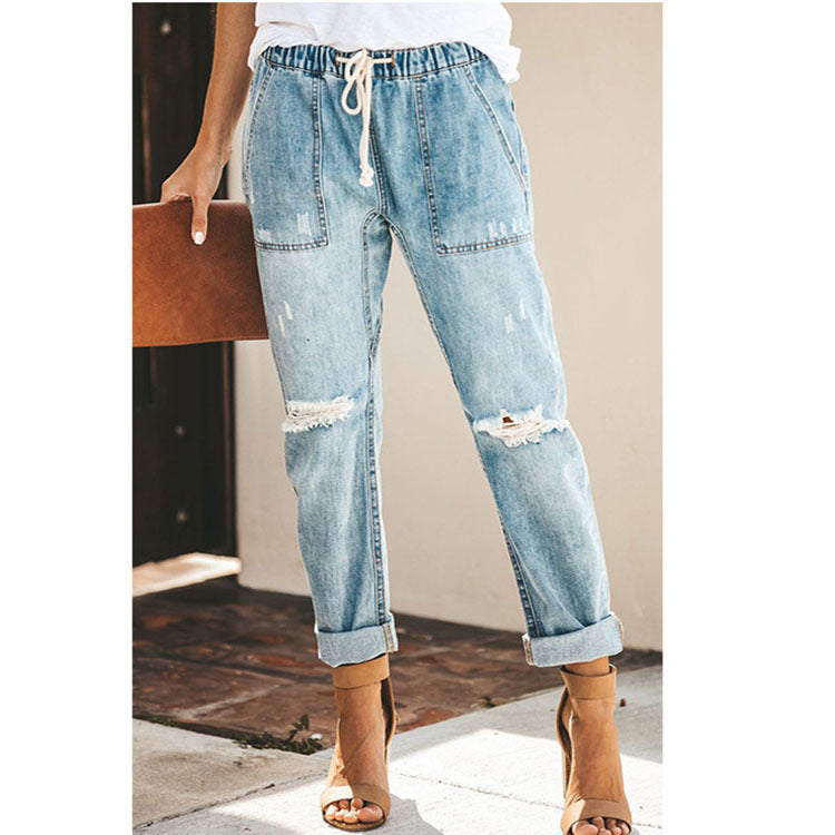 Cross-Border Wish AliExpress Women's Jeans Fashion Casual Street Hipster Korean Style Straight Leg Pants Ripped Trousers