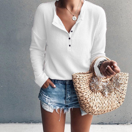 Buttoned V-neck Long-sleeved Blouse