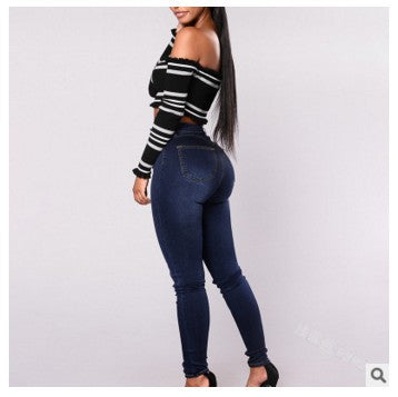 High-waisted Casual Jeans Trousers Double Row Multi-button