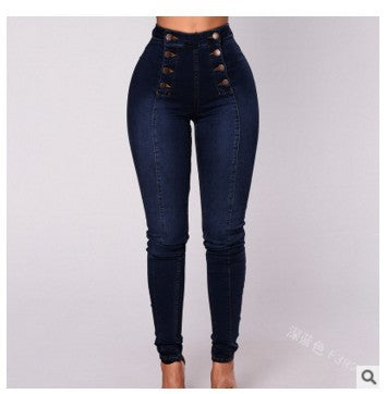 High-waisted Casual Jeans Trousers Double Row Multi-button