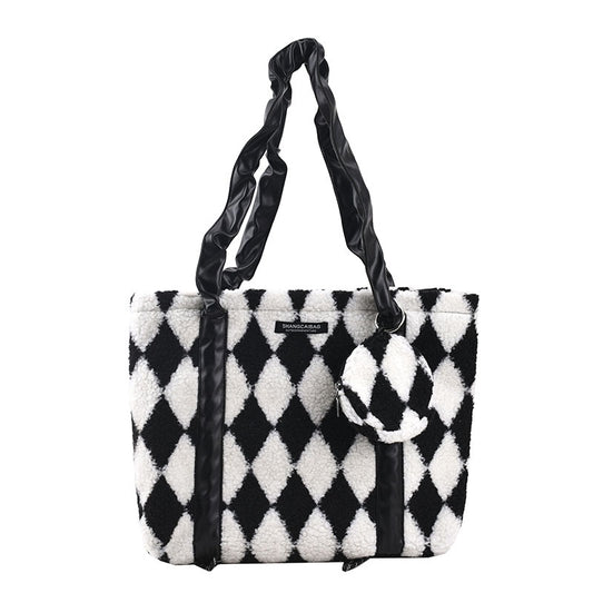 Diamond Check Color Contrast Personality Plush Coin Purse Pendant