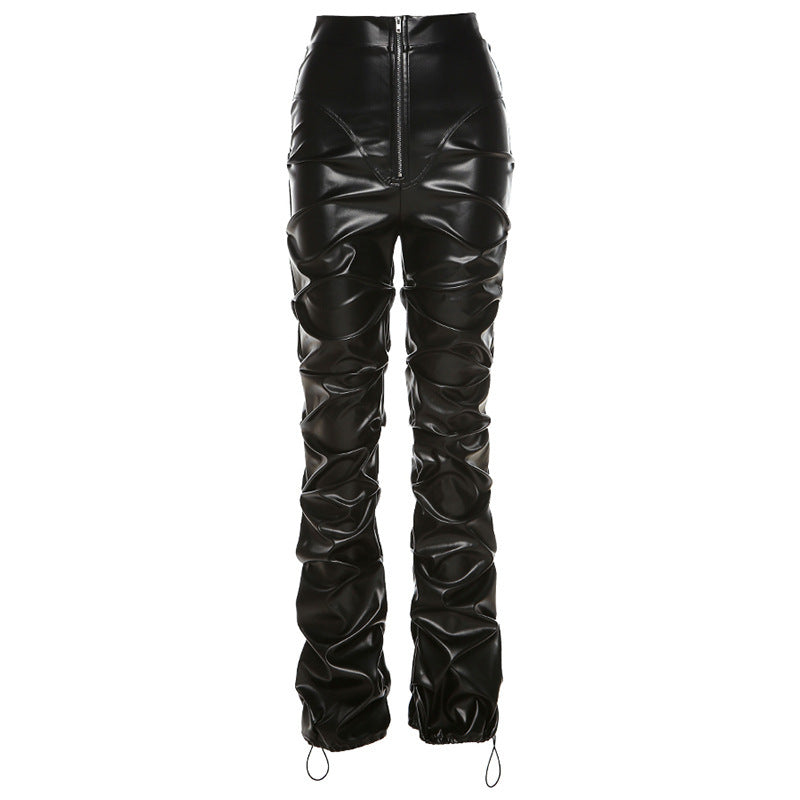 Women's High Waist Bag Hip Street Style Fashion Casual Pu Leather Trousers
