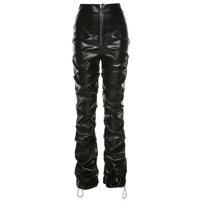 Women's High Waist Bag Hip Street Style Fashion Casual Pu Leather Trousers