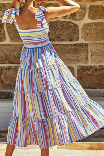 Striped Tie-Shoulder Smocked Tiered Dress