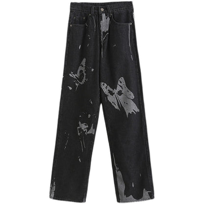 Butterfly Print Gradient Color Straight Leg-length Denim Mopping Trousers