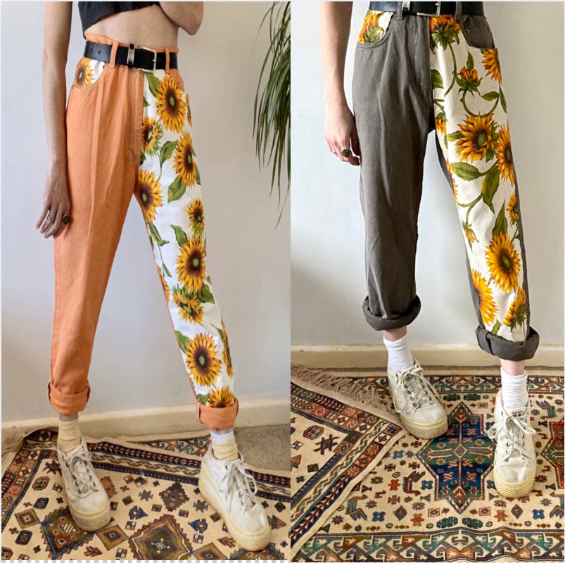 European And American New Style Casual Print Stitching Straight Leg Loose Trousers Women