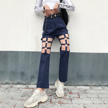 Spring sexy hollow hollow leg straight overalls women Europe and America retro loose high waist handsome casual pants