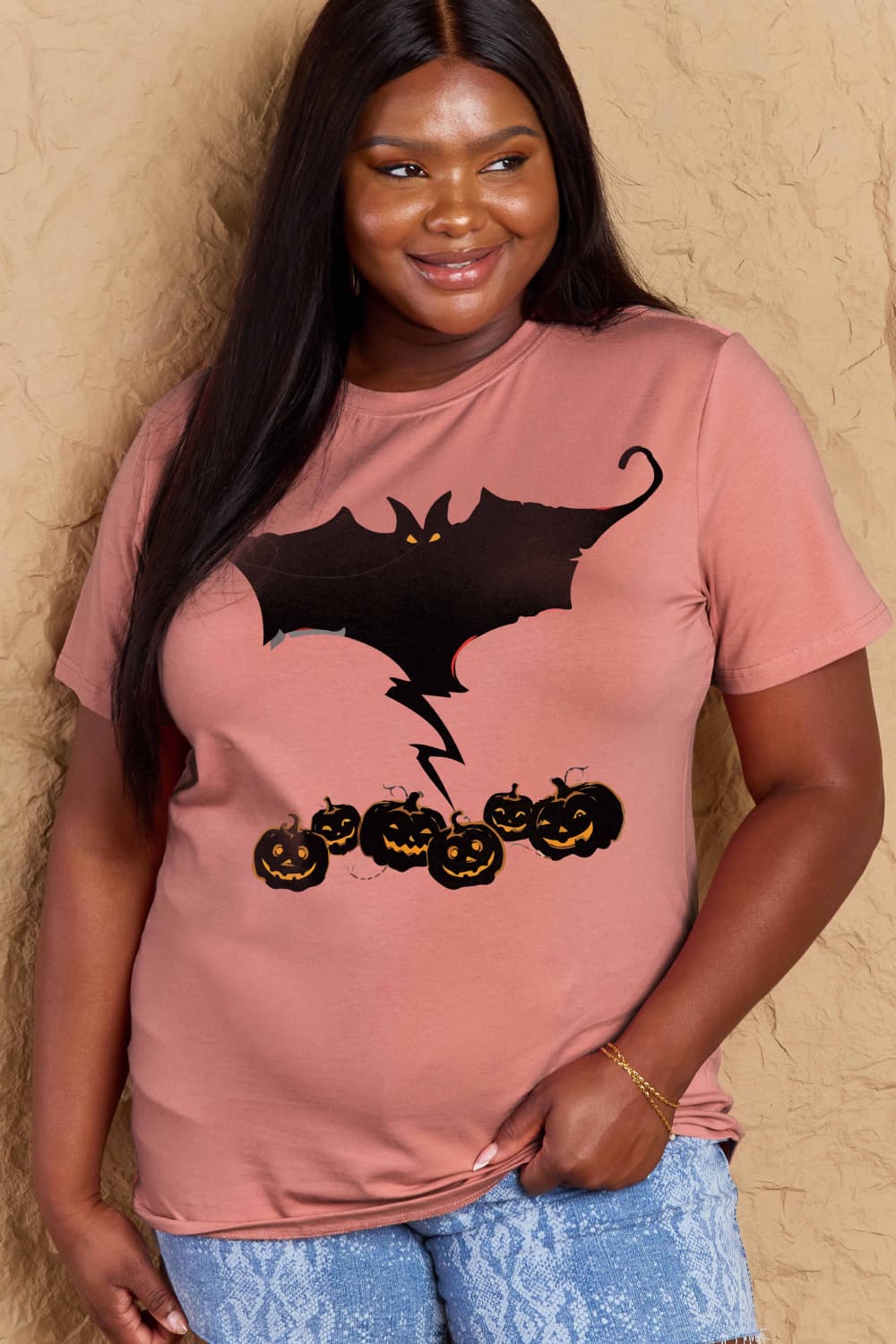 Simply Love Full Size Bat & Pumpkin Graphic Cotton T-Shirt