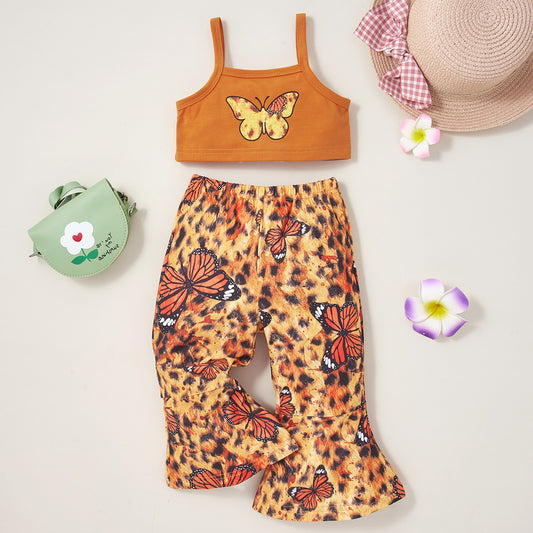 Butterfly Print Cropped Tank Top and Long Leopard Print Flare Pants Set