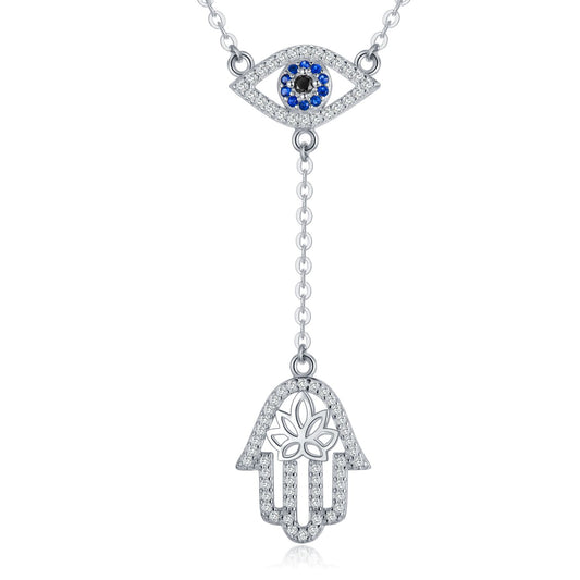 925 Sterling Silver Hamsa Hand Evil Eye Pendant Cubic Zirconia Protection Amulet Necklace
