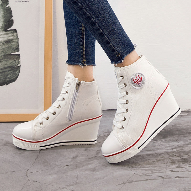 Wedge Heel Casual Side Zipper High-heel Lace-up Canvas Shoes
