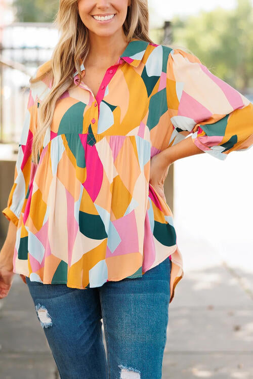 Heathered Collared Neck Long Sleeve Blouse