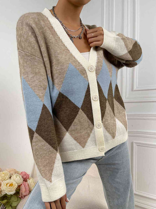 Geometric Button-Up V-Neck Dropped Shoulder Cardigan