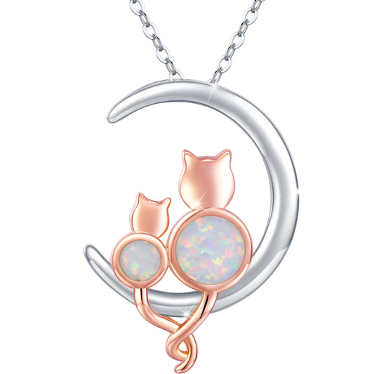 925 Sterling Silver Crescent Moon Opal Cat Pendant Necklace
