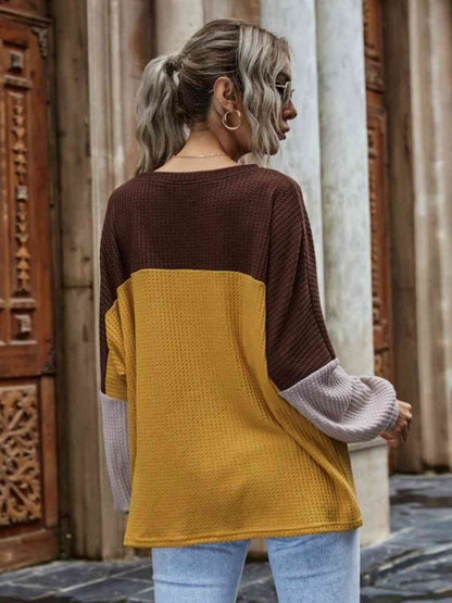 Color Block Waffle-Knit Long Sleeve Top