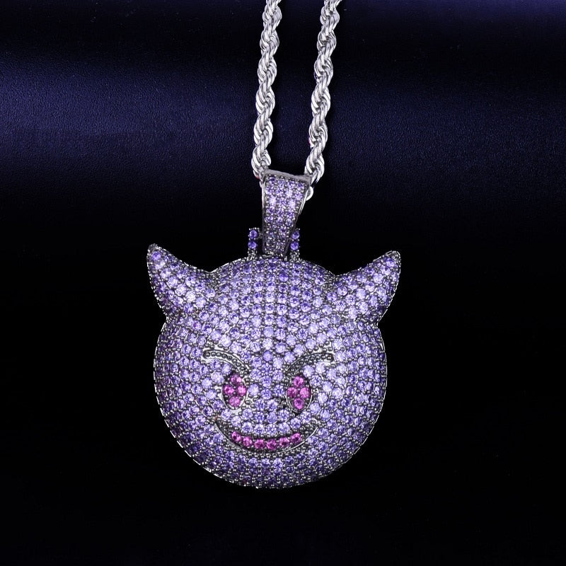 Purple Color Demon Evil Expression Necklace &amp; Pendant Bling Zircon Fashion Hip Hop Rock Street Jewelry