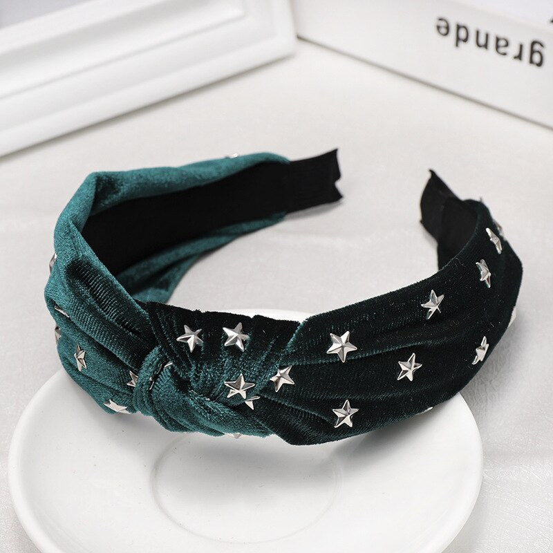Fashion Cloth Headbands Korean Style Simple Solid Color Woman Drilling Stars Knotted Wide Side Velvet Hairbands Hair Accessories