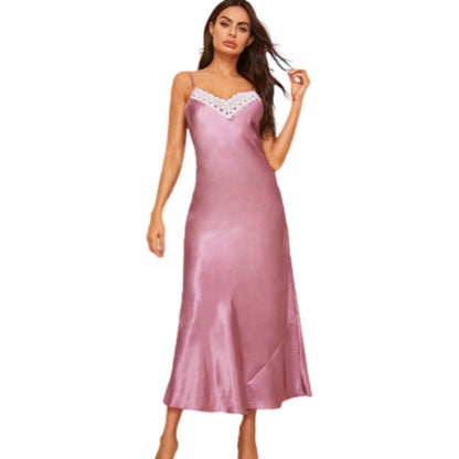 Lace Sexy Sleepwear Silk Ladies Long Gowns Black Spaghetti Strap Nightgown V-neck Night Dress Satin Lingerie Dress Plus Nightie
