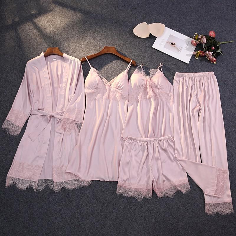Lace Sexy Kimono Bathrobe Gown Satin Women Pink Sleepwear Casual Spring Summer New Nightwear Intimate Lingerie Homewear