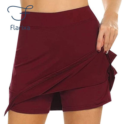 Flarixa Fashion Fake Two-piece Hakama Skirt Pants Casual Sports Solid Color A-line skirt High Waist Slim Pocket Mini Skirt Women