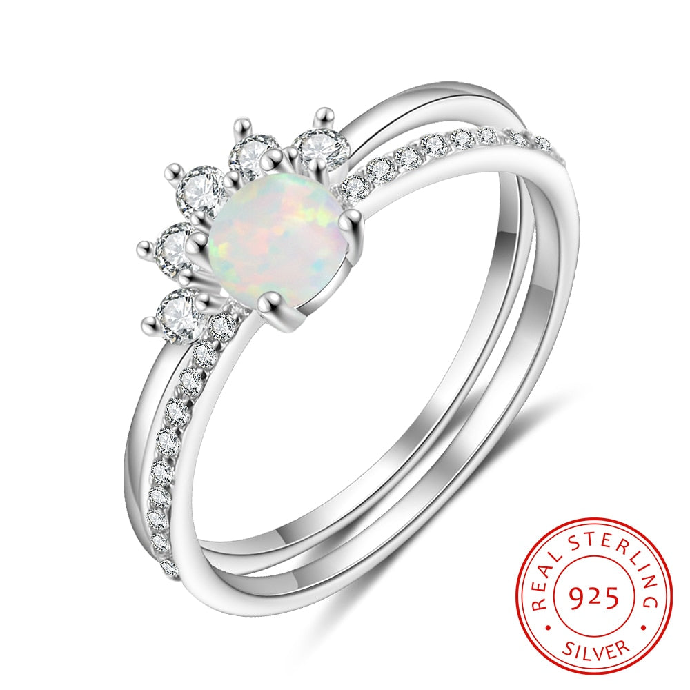 2 Pcs/Set 925 Sterling Silver Stackable Opal Ring Clear CZ Finger Rings for Women Wedding Band Silver 925 Jewelry