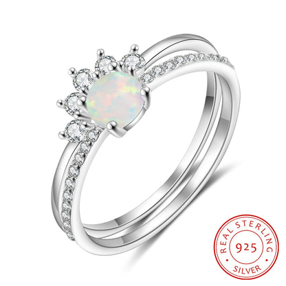2 Pcs/Set 925 Sterling Silver Stackable Opal Ring Clear CZ Finger Rings for Women Wedding Band Silver 925 Jewelry