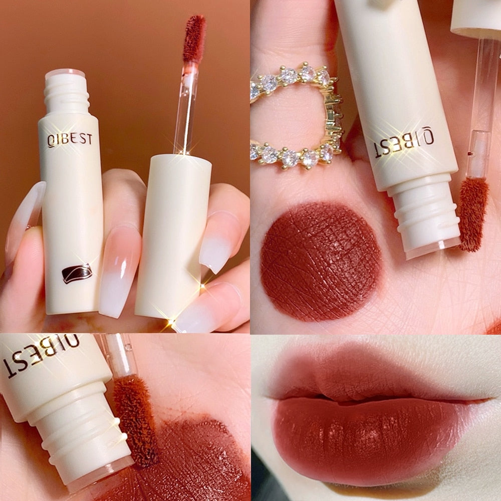 QIBEST Lip Gloss 8 Colors Nude Matte Chocolate Lipstick Waterproof Long Lasting Women Red Lip Tint Velvet Lip Glaze Cosmetics