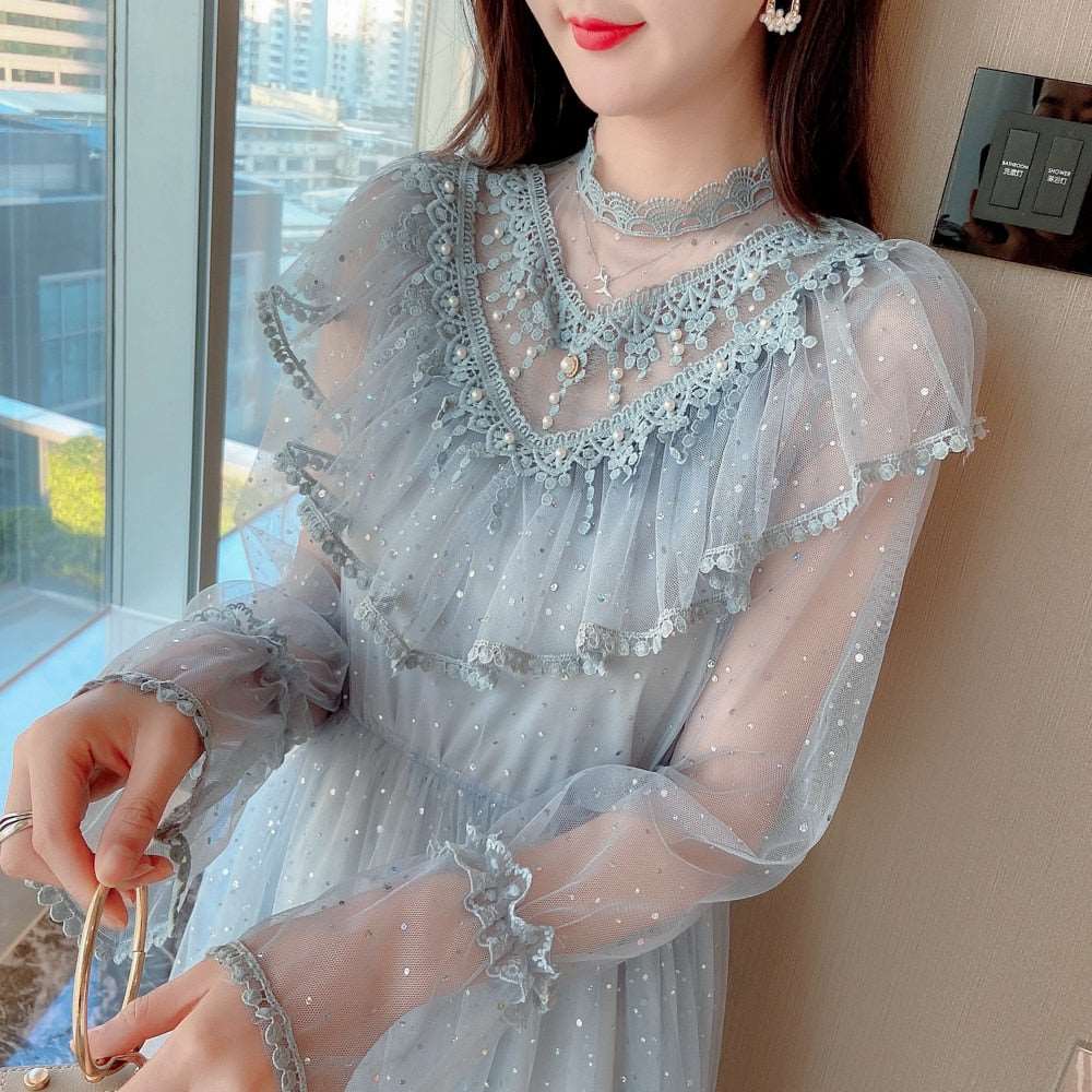 2021 Brand New Women Romantic Tulle Dress Stand Collar Beading Tassels Ruffles Long Sleeve Mesh Dress Cute Mid Dress Vestidos