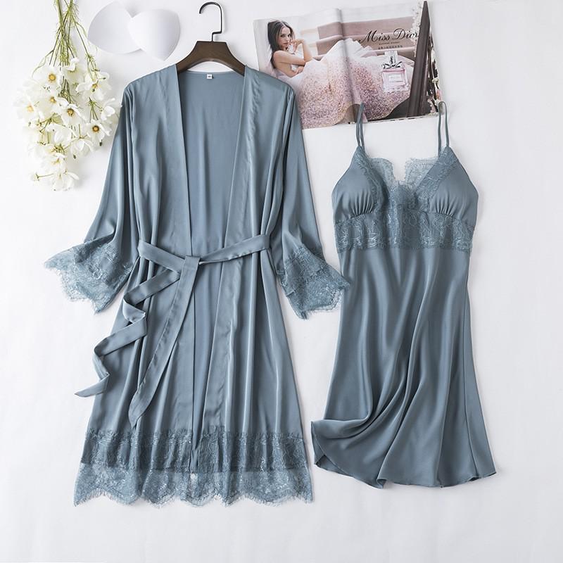 Satin Lady Robes Suit Sexy Kimono Bathrobe Gown Full Slip Lace Nightwear With Strap Nightgown Lingerie Summer Sleepwear With Bow