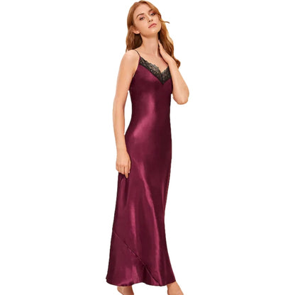 Lace Sexy Sleepwear Silk Ladies Long Gowns Black Spaghetti Strap Nightgown V-neck Night Dress Satin Lingerie Dress Plus Nightie
