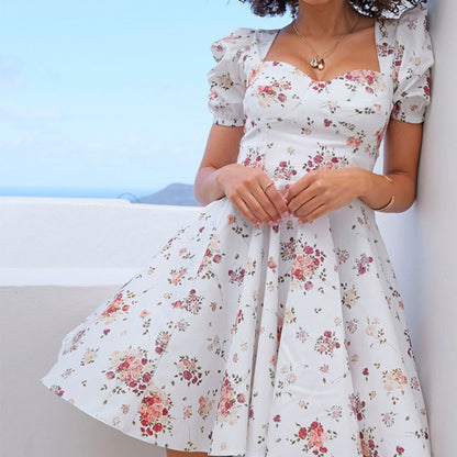 Women Vintage Flower Printed Backless A-line Party Dress Puff Sleeve Square Collar White Boho Dress 2021 Summer Fashion Dress