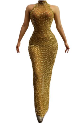 Full Gold Rhinestones Transparent Mesh Long Dress Women Birthday Celebrate Dress High Neck Outfit Bar Dance Show Dress