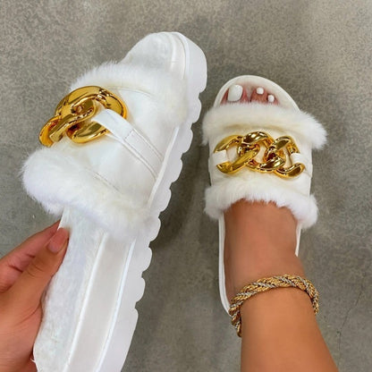 2021 Winter Plush Slippers Fashion Open Toe Solid Color Women's Sandals Metal Chain Outdoor Casual Women's Shoes  Fashion Shoes